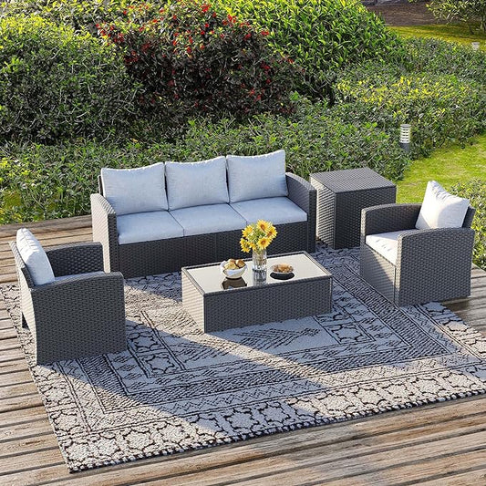 5 Pieces Patio Furniture Set, All Weather PE Wicker Rattan Outdoor Furniture with Coffee Table and Storage Box, Outdoor Sectional Sofa for Lawn Backyard Poolside Porch Garden, Grey