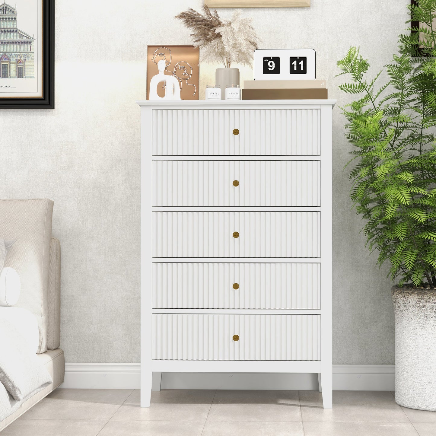 Royalcraft Dresser for Bedroom, Modern 5 Drawers Dresser with Silent Slide Drawers, Tall Chest of Drawers, Wood Storage Cabinet Organizer for Living Room, Nursery, Hallway, Entryway
