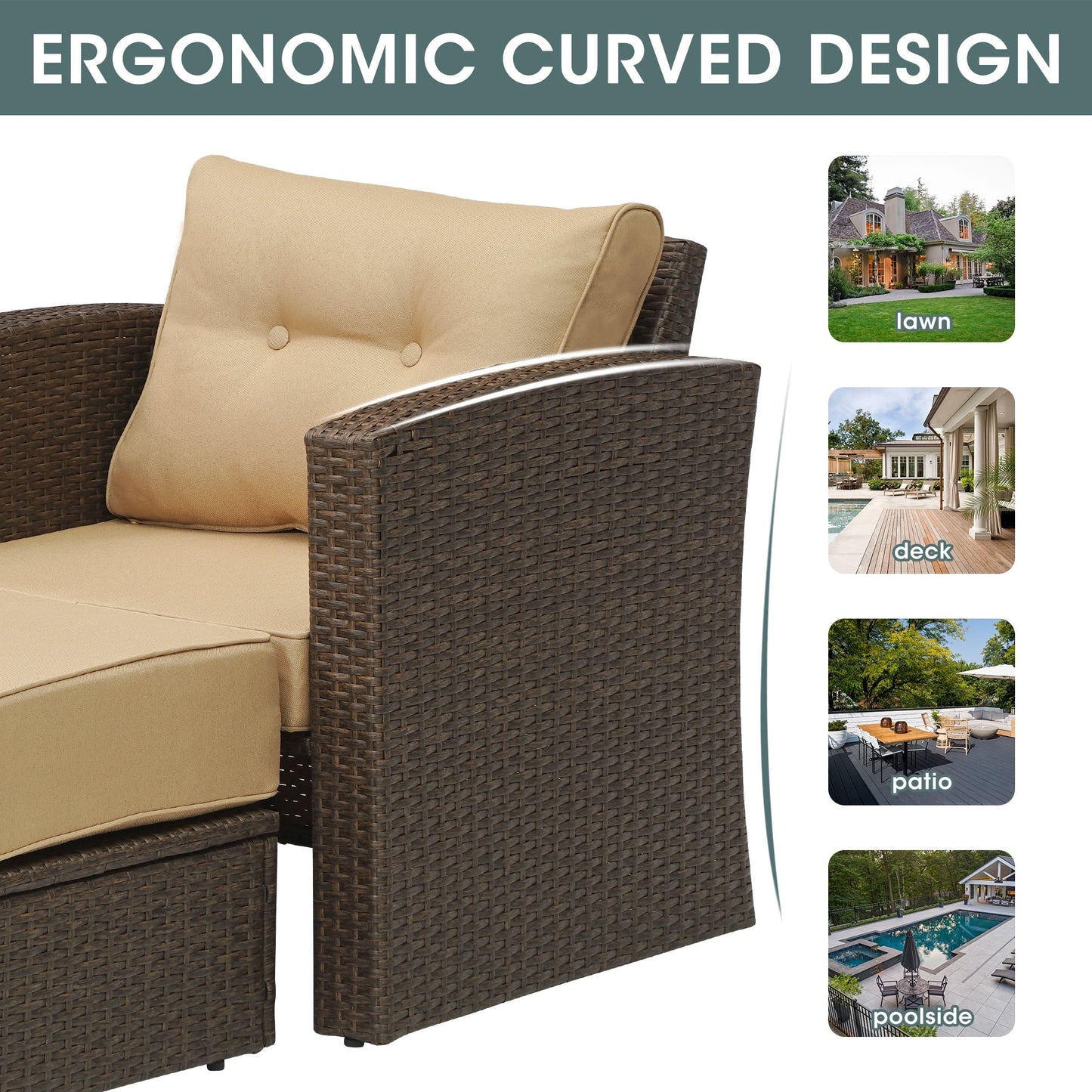 SUNVIVI OOTDOOR 4 Pieces Wicker Furniture Single Chair with Ottoman,All-Weather Brown Rattan Outdoor ArmChair Sofa Set with Beige Non-slip Cushions,Aluminum Frame