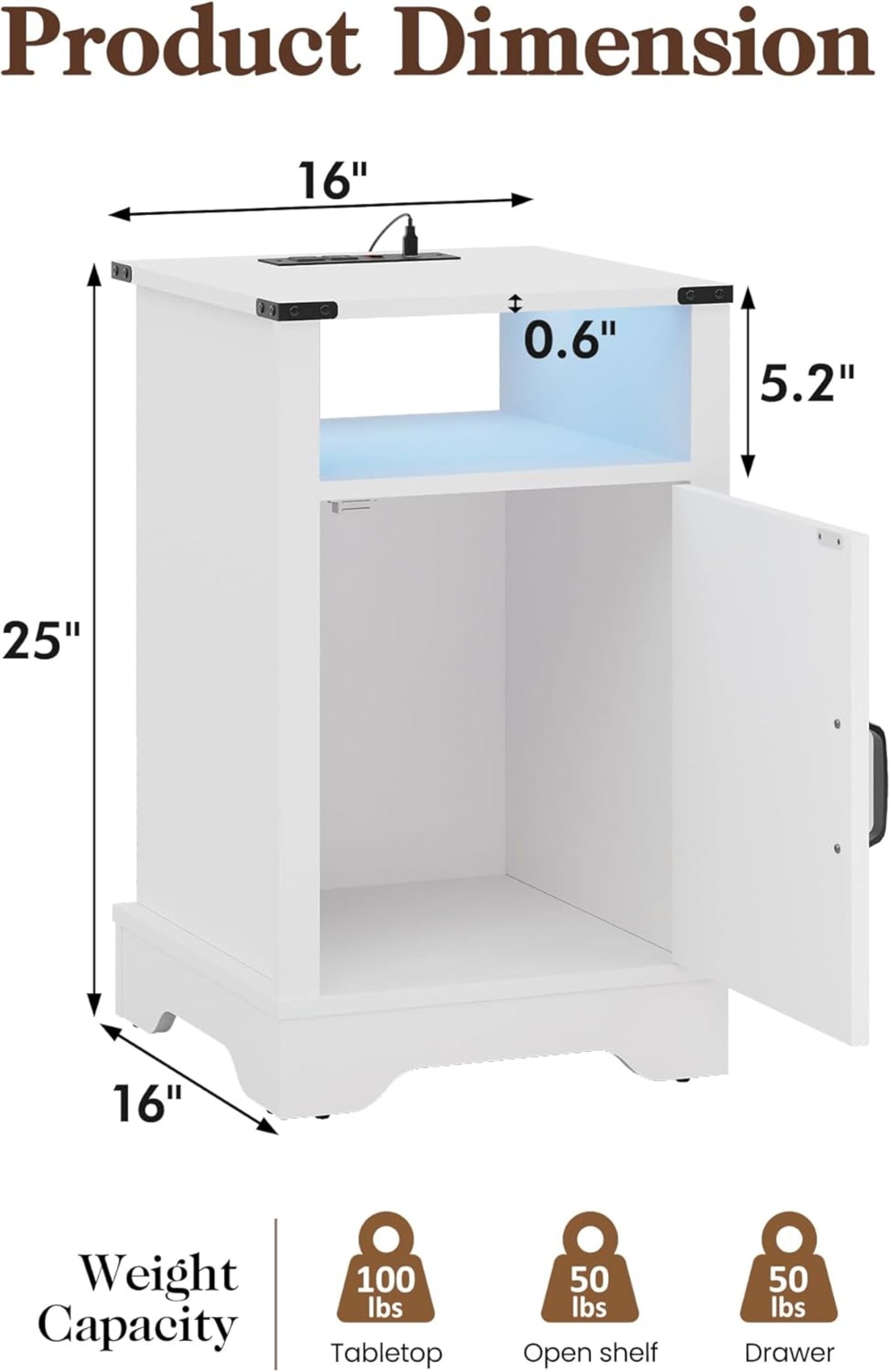 Superjoe LED Nightstand Set of 1 with Charging Station, Bedside Table with Storage Cabinet and Shelf, Rustic End Table, Farmhouse Wooden Side Table, for Bedroom, Living Room, White