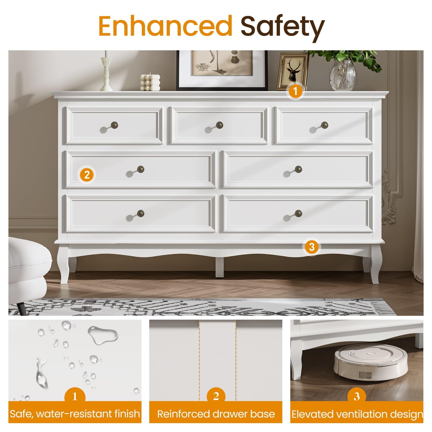 Superjoe Dresser for Bedroom, 7 Drawers Dresser with Distinctive Wooden Legs & White Paint Finish, Black Drawer Dresser with Spacious Storage Space for Bedroom, Living Room, Hallway