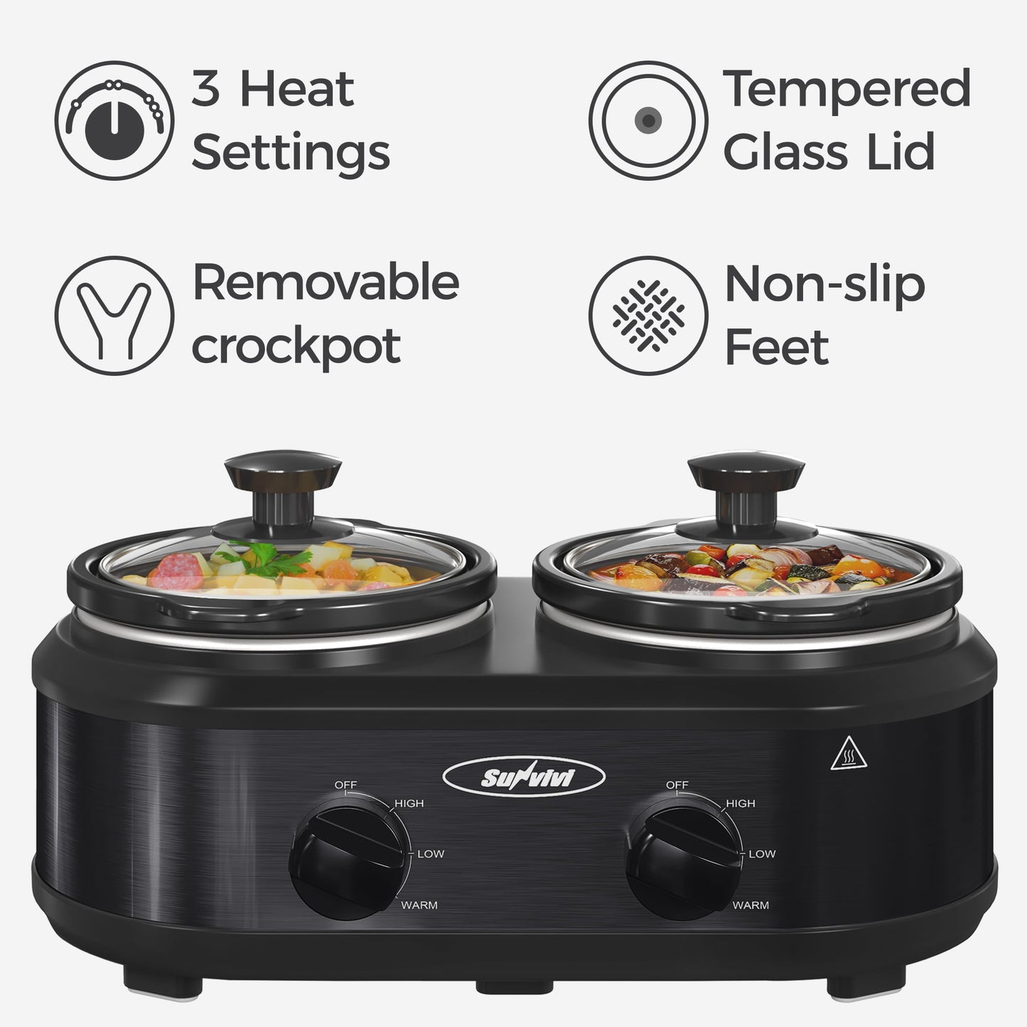 SUNVIVI Dual Pot Slow Cooker, 2 Pot Small Mini Crock Buffet Server and Warmer with Ceramic Pot, Adjustable Temp