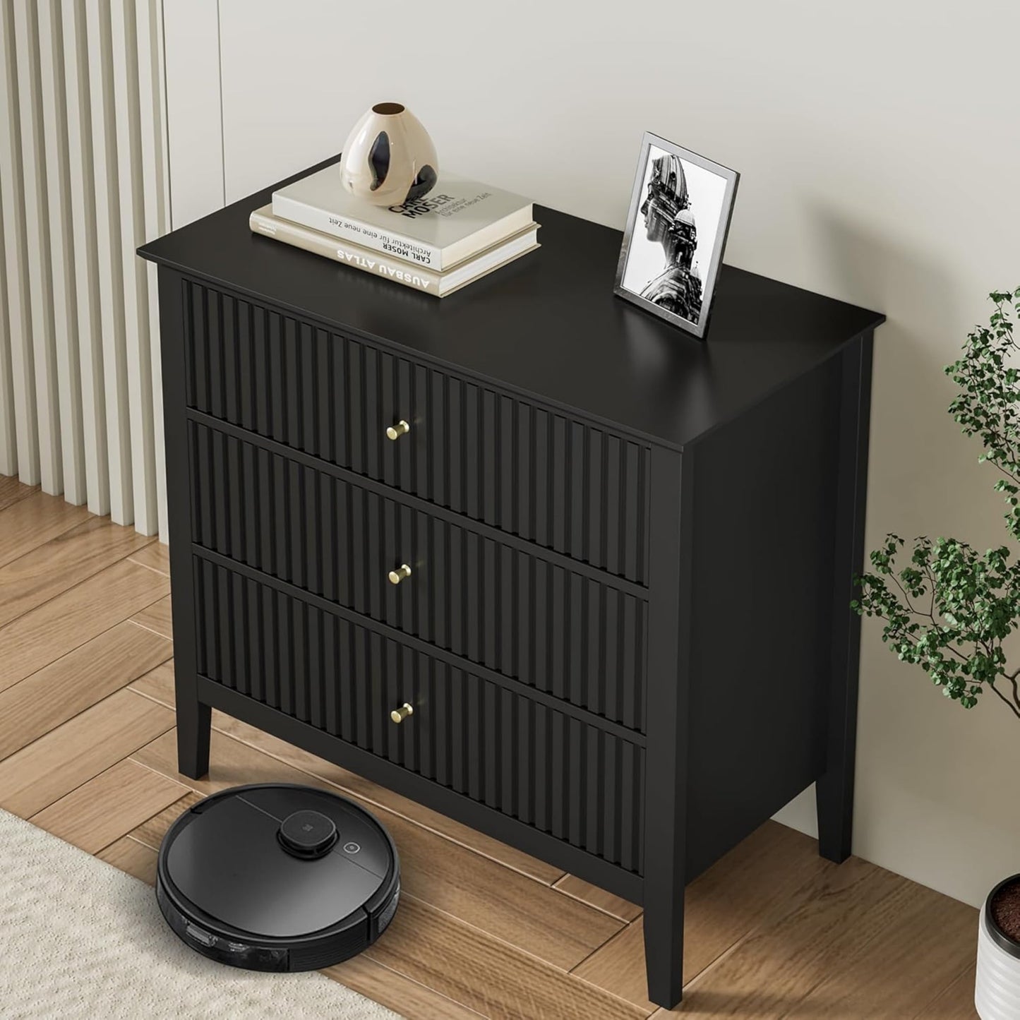 Superjoe Black 3 Drawer Dresser, Painted 30 Inch Tall Wood Nightstand with Storage, Wide Modern Chest of Drawers with Ball Bearing Slide for Bedroom Hallway Living Room Entryway Office