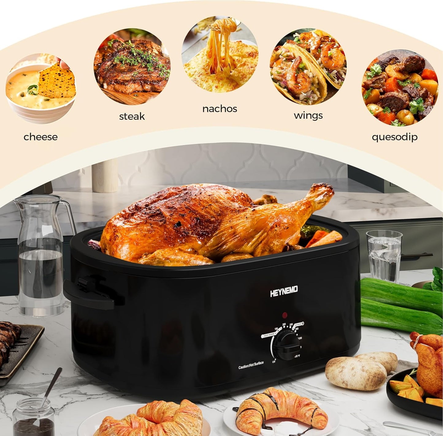 Superjoe 22 Quart Electric Roaster Oven with Visible & Self-Basting Lid, Large Turkey Roaster with Defrost Warm Function, Adjustable Temperature, Removable Pan Rack, Stainless Steel Black