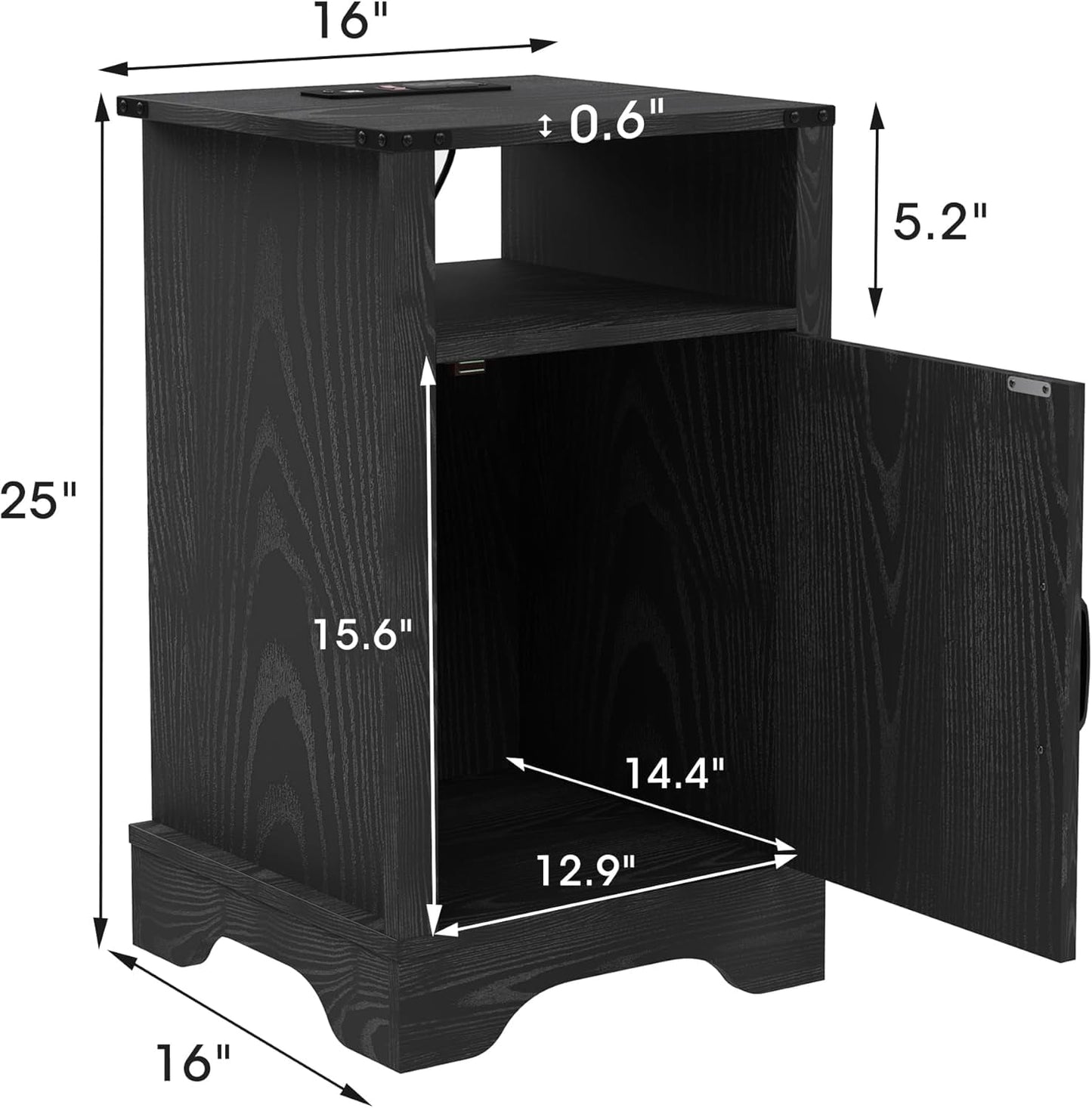 Superjoe Farmhouse Nightstand Set of 2 with Charging Station, Wooden End Table, Rustic Night Stand with Storage Cabinet and Shelf, Tall Bedside Table for Bedroom, Living Room, Black