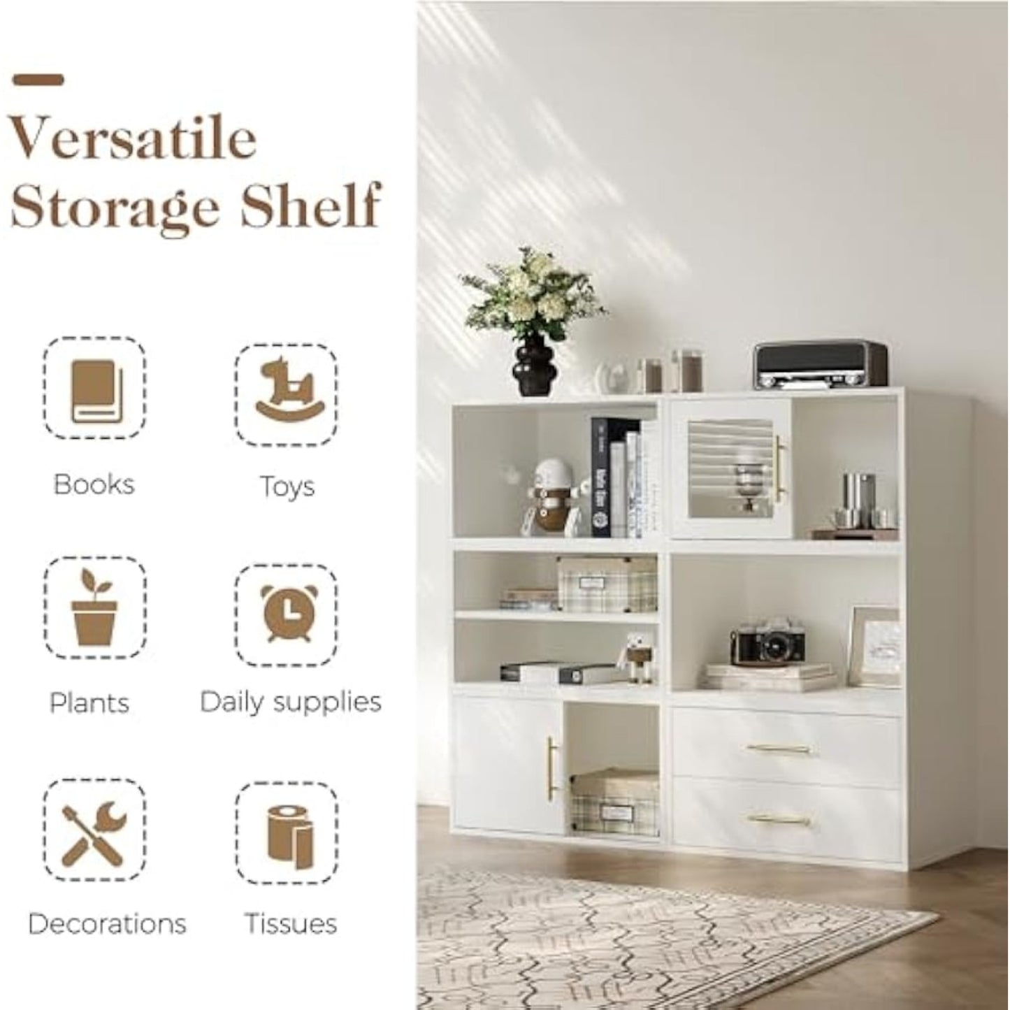 Superjoe 6 Pieces Cube Storage Organizer, Stackable 24" Small Open Bookcase with Drawers, Adjustable Shelf and Sliding Door, White Wood Cubby Storage Shelves for Small Space, Living Room, Bedroom