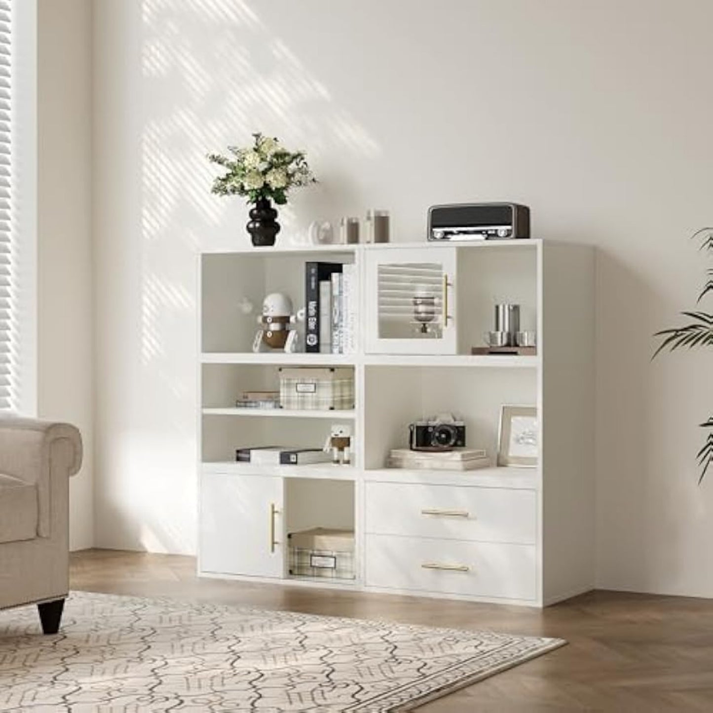 Superjoe 6 Pieces Cube Storage Organizer, Stackable 24" Small Open Bookcase with Drawers, Adjustable Shelf and Sliding Door, White Wood Cubby Storage Shelves for Small Space, Living Room, Bedroom