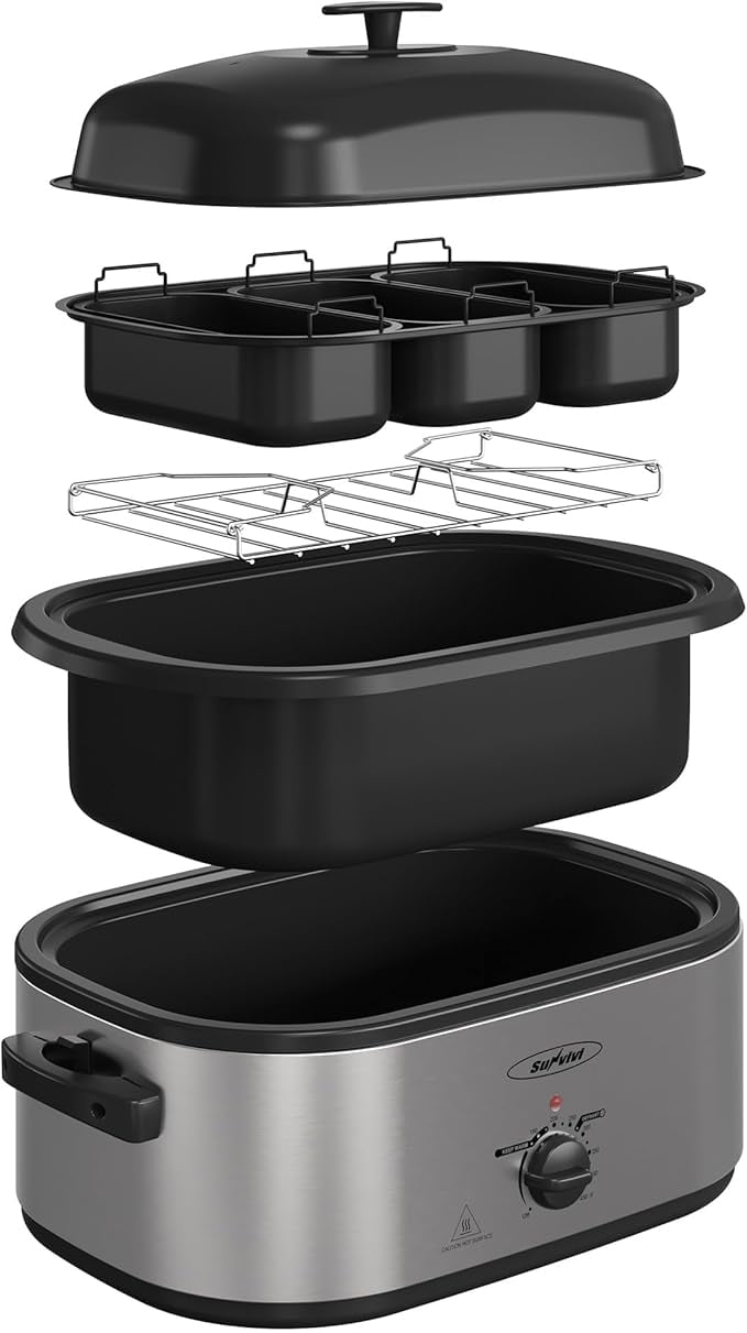 Superjoe Electric Roaster Oven, 24 QT Roaster with 3 Compartments and Self-Basting Lid, Turkey Roaster Oven with 150-450°F Full-Range Temperature Control, Removable Pan , Stainless Steel, Silver