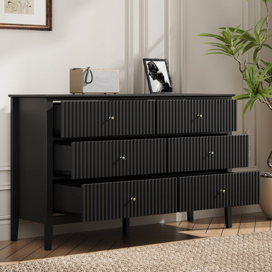 CozyHome Black Dresser Fluted 6 Drawer Dresser Wide Modern Chest of Drawers Large Closet Dressers Wood Storage Dressers Organizer Storage Cabinet for Bedroom Living Room Hallway Entryway