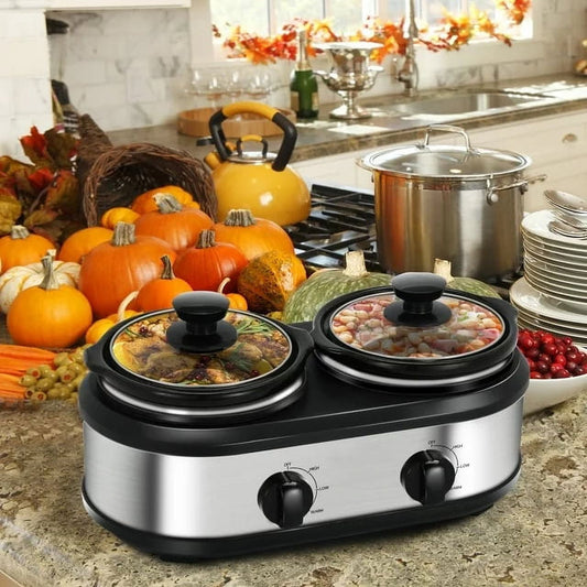 CozyHom 2.5QT Dual Pot Slow Cooker Electric Food Warmer With Adjustable Temp Stainless Steel Removable Pots Lid Rests Crock Pot