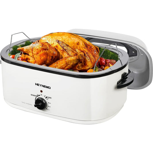 CozyHome 24 QT Electric Stainless Steel Turkey Roaster Oven, Self-Basting Lid Removable Insert Pot Perfect for Gathering and Dining, White
