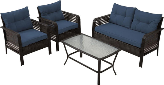 CozyHom 4-Piece Patio Furniture Set, Outdoor Rattan Chair Wicker Conversation Sets with Cushions and Glass Coffee Table, for Porch Balcony Garden Backyard Deck