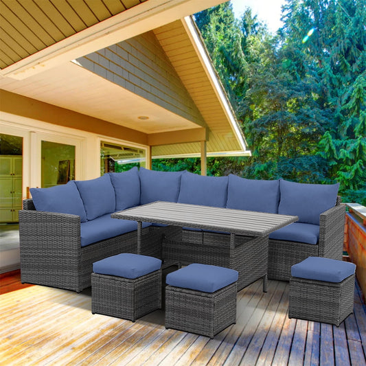 CozyHom 7 Pcs Modern Outdoor Patio PE Wicker Rattan Conversation Sofa Furniture Set, Sectional Furniture Couch Sets with Dining Table and Cushions, Blue