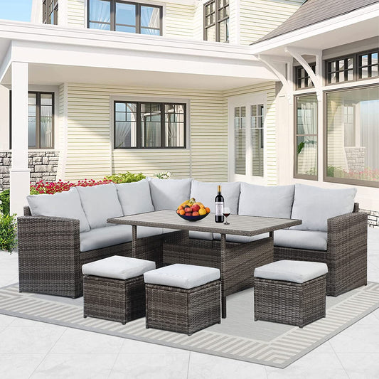 CozyHom 7 Pcs Outdoor Sectional Dining Sectional Sofa Furniture Set, Outdoor Patio Rattan Wicker Sectional Conversation Couch With Dining Table, Gray