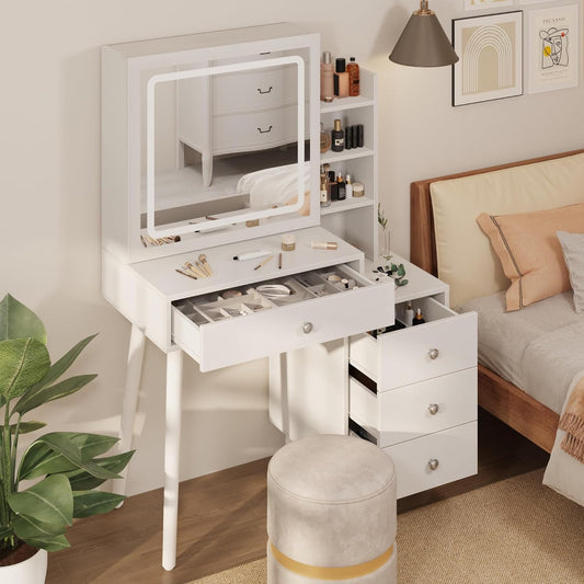 CozyHome Makeup Vanity Table Set with Sliding Lighted Mirror, Vintage Dressing Table with 3 Color Touch Light, Vanity Desk with 4 Drawer & Hidden Shelves, White