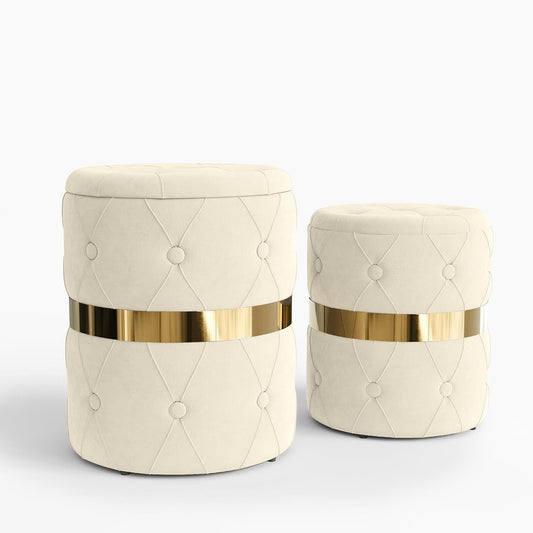 CozyHom Storage Ottoman Set of 2, Versatile Footrest Stool with Stainless Steel Base, Modern Round Vanity Stool Chair Foot Stools, Support 200lbs Padded Seat, for Living Room, Bedroom, White