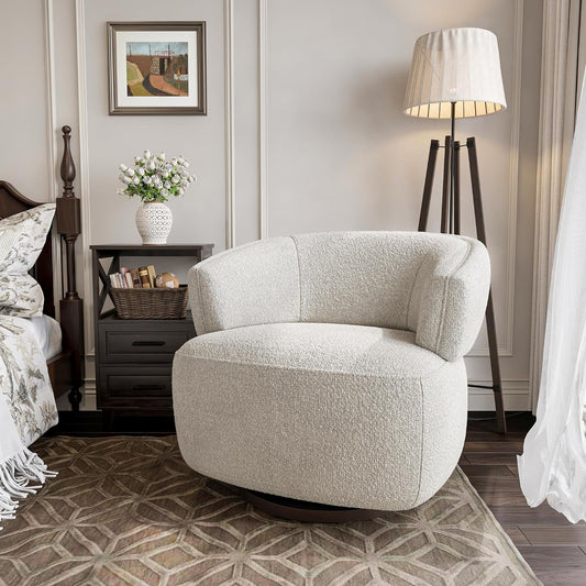 CozyHom Swivel Barrel Chair, Accent Lounge Sofa Chair with 360-Degree Base, Oversized Upholstered Reading Chair, Modern Round Club Chair for Living Room, Bedroom, Office, Beige