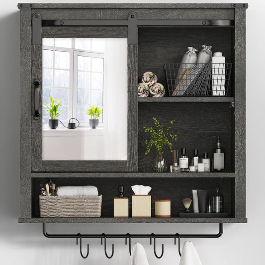 CozyHome 28in Bathroom Cabinet Wall Mount with Sliding Mirror Door, Over The Toilet Storage Cabinet, Farmhouse Medicine Cabinet with Shelves and Towel Bar for Living Room, 28" W x 29" H, Dark Grey