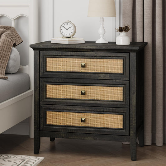 CozyHome 3 Drawer Nightstand, Rattan Dresser Table with Cane Drawers, Tall Boho Bedside Table Cabinet for Bedroom, Living Room, Entryway, Hallway, Coffee