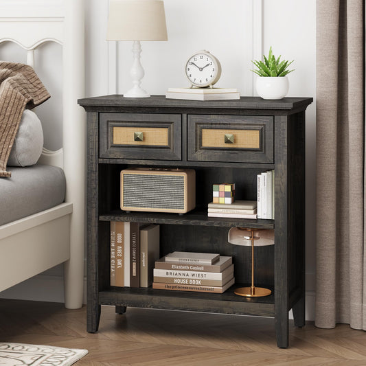 CozyHome Rattan Storage Cabinets, Accent Boho Storage Cabinet with 2 Drawers and 2 Shelves, Multipurpose Modern Storage Cabinet for Living Room, Entryway, Front Hall, Hallway, Coffee