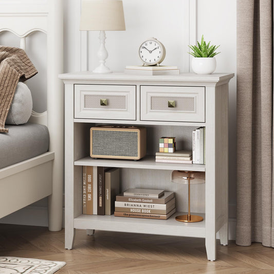 CozyHome Rattan Storage Cabinets, Accent Boho Storage Cabinet with 2 Drawers and 2 Shelves, Multipurpose Modern Storage Cabinet for Living Room, Entryway, Front Hall, Hallway, White