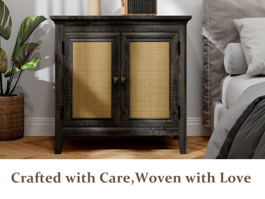 CozyHome Storage Cabinet, Kitchen Sideboard Cabinet with Rattan Decor Doors, Accent Buffet Cabinet with Adjustable Storage Shelf, Wood Cabinet Organizer for Hallway, Dining Room, Living Room, Coffee