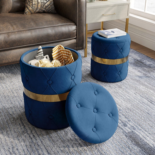 CozyHome Storage Ottoman Set of 2, Versatile Footrest Stool with Stainless Steel Base, Modern Round Vanity Stool Chair Foot Stools, Support 200lbs Padded Seat, for Living Room, Bedroom, Blue