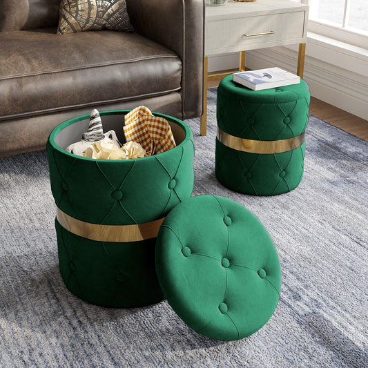 CozyHome Storage Ottoman Set of 2, Versatile Footrest Stool with Stainless Steel Base, Modern Round Vanity Stool Chair Foot Stools, Support 200lbs Padded Seat, for Living Room, Bedroom, Green