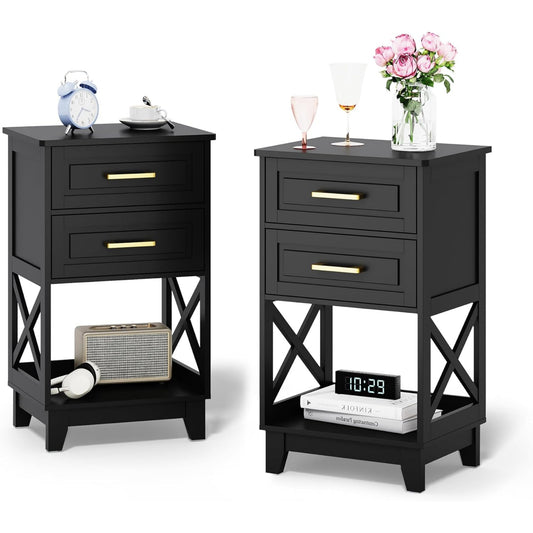 CozyHome Tall Nightstand Set of 2, Side Table with 2 Drawers and Open Shelf Below, Bedside Table with Solid Feet, Modern Night Stand End Table for Bedroom, Living Room, Home Office, Black