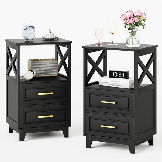 CozyHome Tall Nightstand Set of 2, Side Table with 2 Drawers and Open Shelf Below, Bedside Table with Solid Feet, Modern Night Stand End Table for Bedroom, Living Room, Home Office, Black