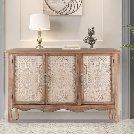 CozyHome Vintage Sideboard Buffet Cabinet with 3 Carved Doors, Rustic Accent Cabinet Storage Cabinet with Shelves, Wood Entryway Cabinet for Kitchen, Dining Room, Living Room, Bedroom, Natural