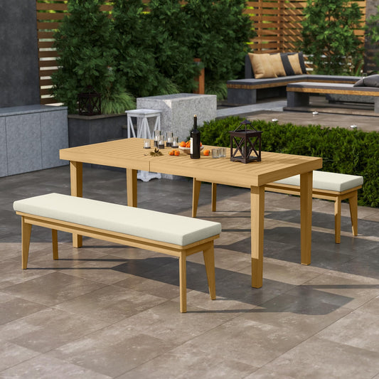 Heynemo Acacia 3 Pieces Patio Dining Set with Dining Table and Bench, All-Weather Wood Bench with Cushions, Modern Outdoor Dining Furniture Set for Lawn, Backyard, Garden, Deck, Beige