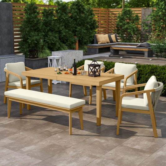Heynemo Acacia 6 Pieces Patio Dining Set with Dining Table, Chairs, and Bench, All-Weather Wood Chairs with Cushions, Modern Outdoor Dining Furniture Set for Lawn, Backyard, Garden, Deck, Beige