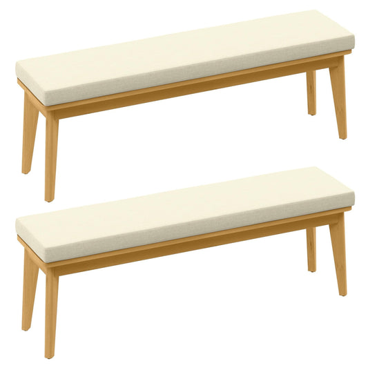 Heynemo Acacia Patio Bench Set of 2, Upholstered Bench with Thick Cushion, Modern Wood Outdoor Dining Bench for Porch, Backyard, Garden, Indoor, Beige