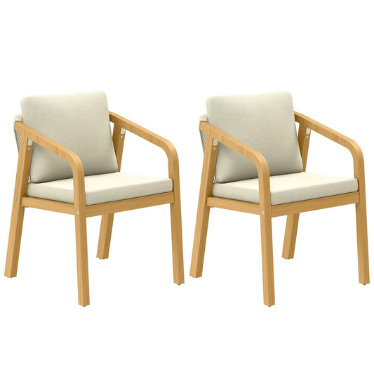 Heynemo Acacia Patio Dining Chairs Set of 2, Outdoor Wood Dining Chairs with Thick Cushions, Modern Patio Chairs with Woven Rope Backrest for Porch, Backyard, Garden, Indoor, Beige