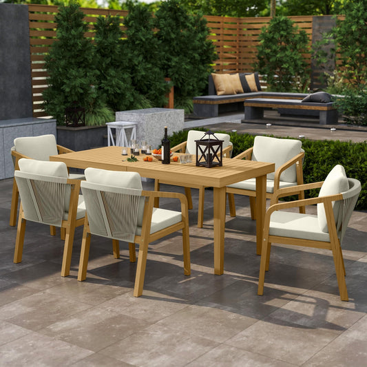 Heynemo Acacia Patio Dining Set 7 Pieces, Patio Dining Table and Chairs Set, Modern Outdoor Dining Furniture Set for Lawn Backyard Garden Deck, Beige
