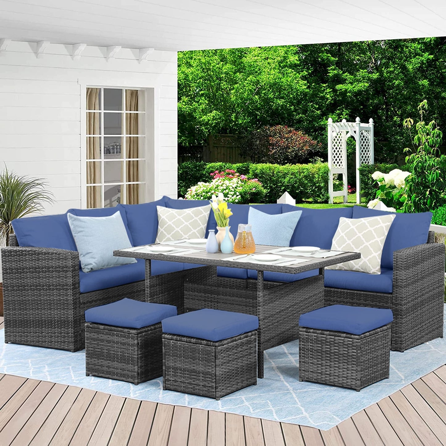 RoyalCarft 7 Pcs Outdoor Conversation Set All Weather Wicker Sectional Sofa Set Dining Table Chair and Ottoman,Steel Frame