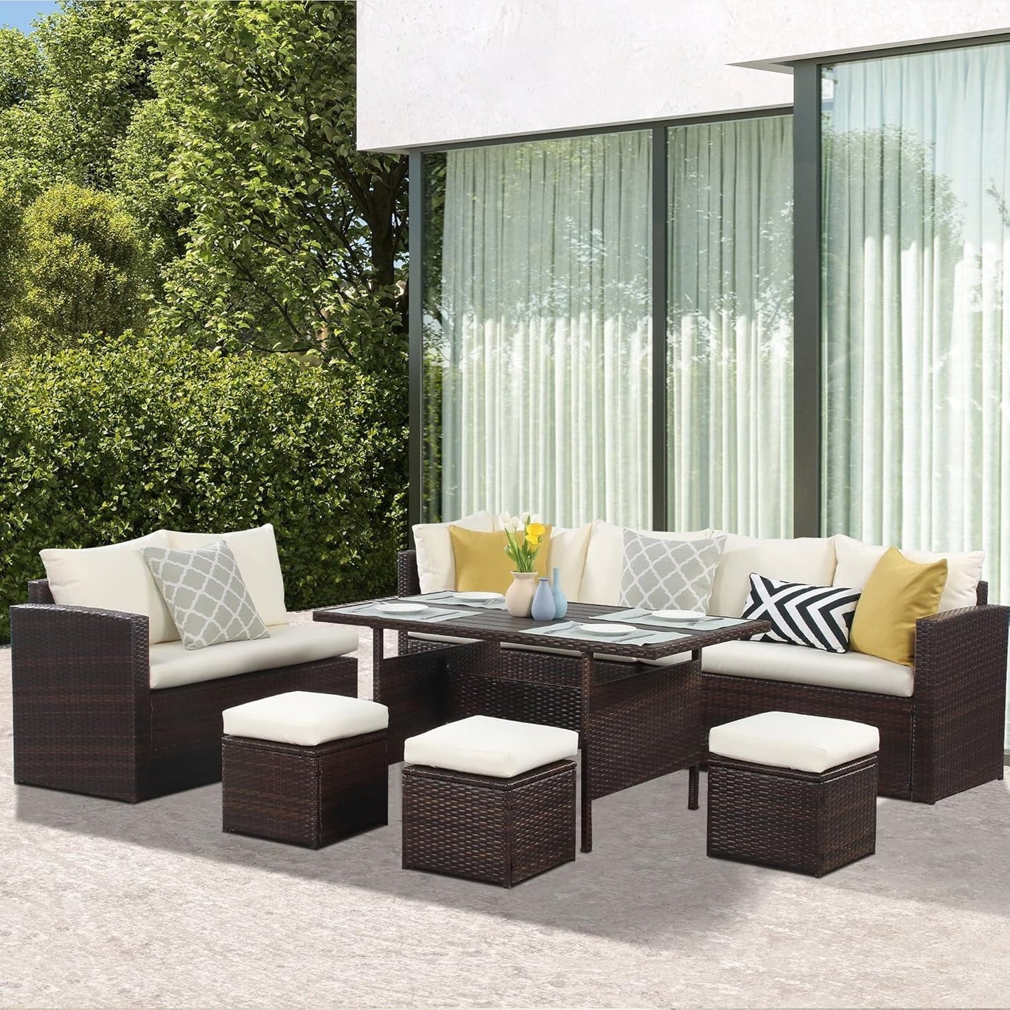 RoyalCarft 7 Pcs Outdoor Conversation Set All Weather Wicker Sectional Sofa Set Dining Table Chair and Ottoman,Steel Frame