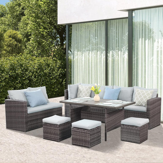 RoyalCarft 7 Pcs Outdoor Conversation Set All Weather Wicker Sectional Sofa Set Dining Table Chair and Ottoman,Steel Frame
