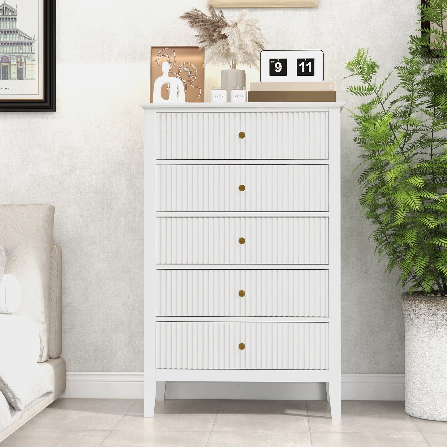Royalcraft Dresser for Bedroom, Modern 5 Drawers Dresser with Silent Slide Drawers, Tall Chest of Drawers, Wood Storage Cabinet Organizer for Living Room, Nursery, Hallway, Entryway