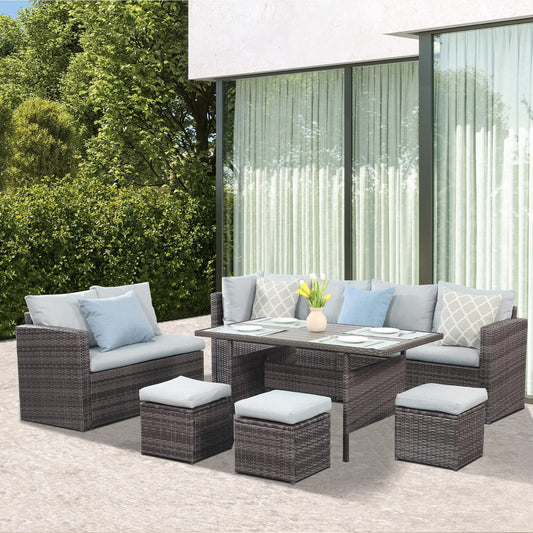 Royalcarft 7 Pcs Outdoor Conversation Set All Weather Wicker Sectional Sofa Set Dining Table Chair and Ottoman,Steel Frame,Gray