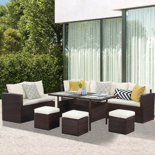 Royalcarft 7 Pcs Outdoor Conversation Set All Weather Wicker Sectional Sofa Set Dining Table Chair and Ottoman,Steel Frame,Ivory
