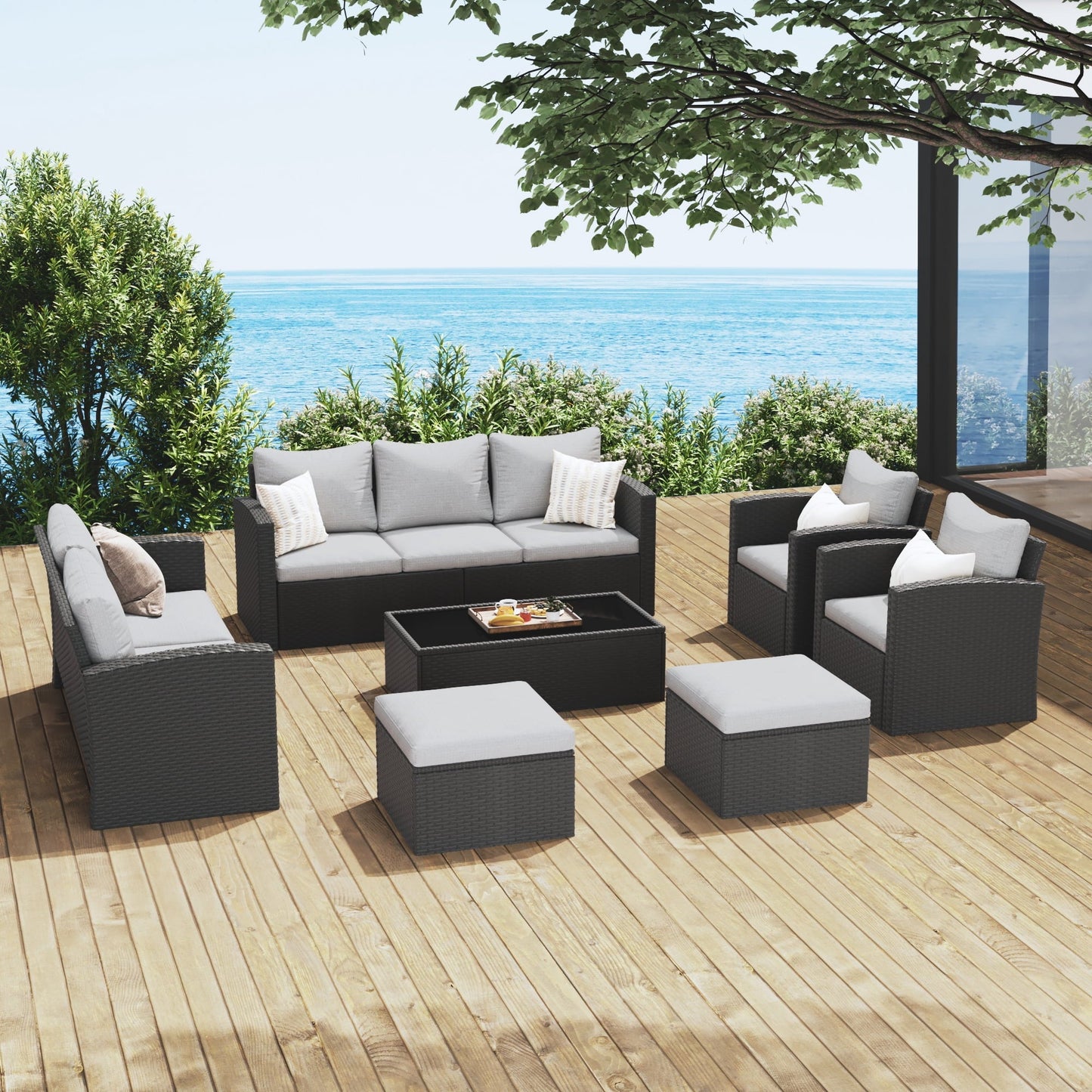 Royalcraft 9 Pieces Patio Furniture Set, All Weather PE Wicker Rattan Outdoor Sectional Sofa with Storage Box and Cushion, Outdoor Furniture for Lawn Backyard Poolside Porch