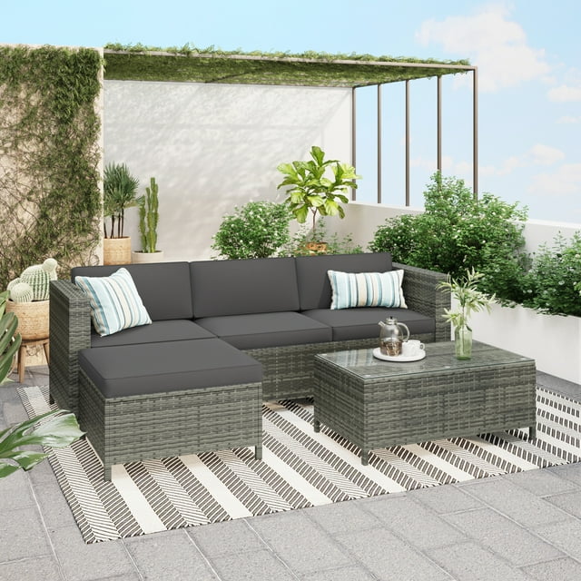 Royalcraft Patio Furniture Set,6 Pieces Outdoor Brown Wicker Patio Furniture Sets with Ottoman,Outdoor Sectional Furniture Patio Couch Set with Beige Anti-Slip Cushion