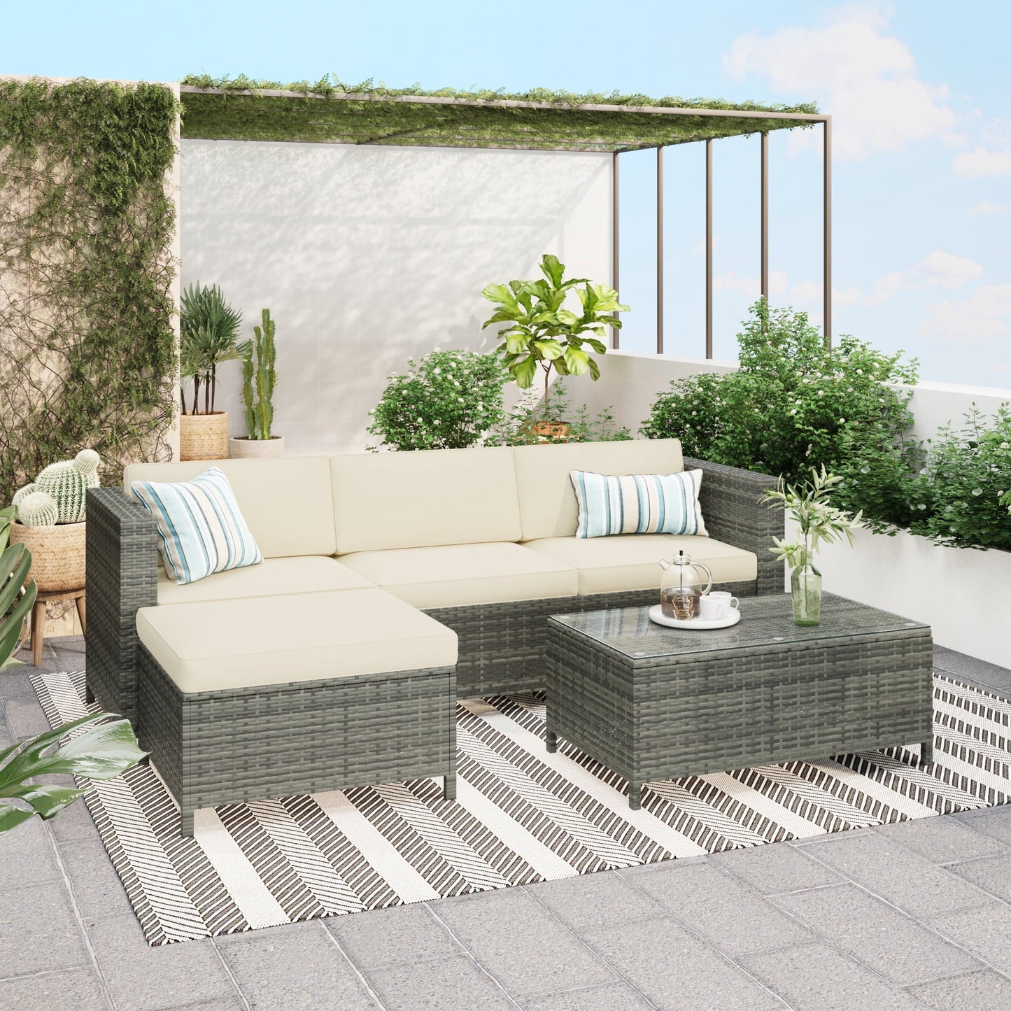 Royalcraft Patio Furniture Set,6 Pieces Outdoor Brown Wicker Patio Furniture Sets with Ottoman,Outdoor Sectional Furniture Patio Couch Set with Beige Anti-Slip Cushion