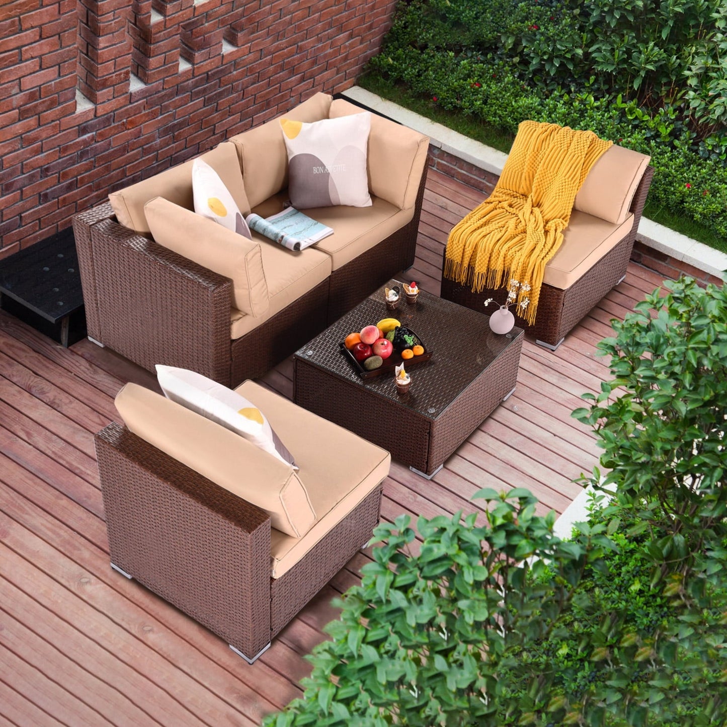 Royalcraft Patio Furniture Set,6 Pieces Outdoor Brown Wicker Patio Furniture Sets with Ottoman,Outdoor Sectional Furniture Patio Couch Set with Beige Anti-Slip Cushion
