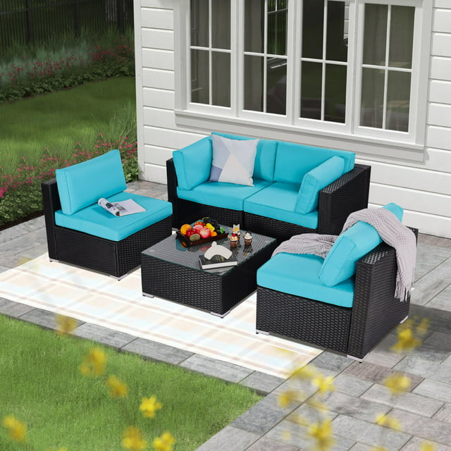 Royalcraft Patio Furniture Set,6 Pieces Outdoor Brown Wicker Patio Furniture Sets with Ottoman,Outdoor Sectional Furniture Patio Couch Set with Beige Anti-Slip Cushion