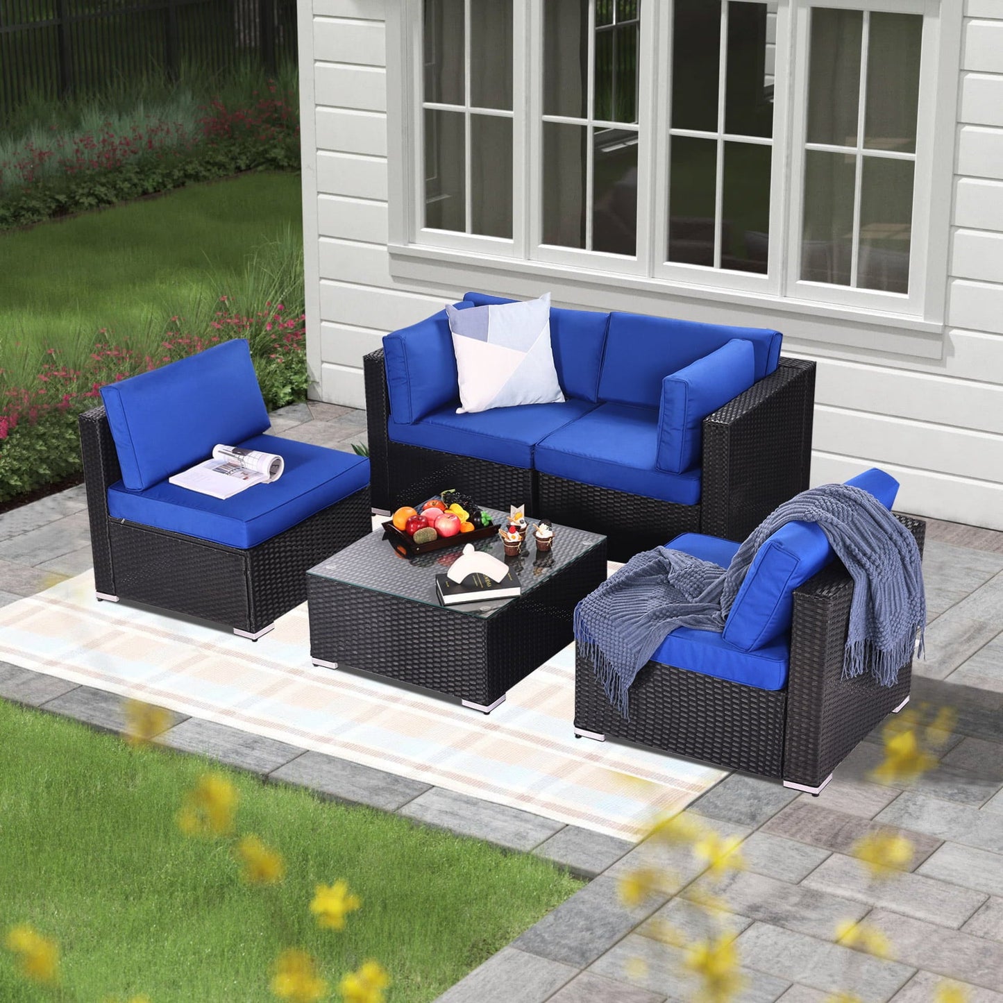 Royalcraft Patio Furniture Set,6 Pieces Outdoor Brown Wicker Patio Furniture Sets with Ottoman,Outdoor Sectional Furniture Patio Couch Set with Beige Anti-Slip Cushion