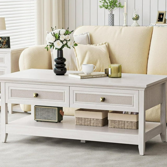 Royalcraft Farmhouse Coffee Table, Boho Tea Table with 2 Rattan Decor Drawers, Accent Center Sofa Table with Storage Shelf, 2 Tier Coffee Table for Bedroom, Living Room, Home Office, Grayish White