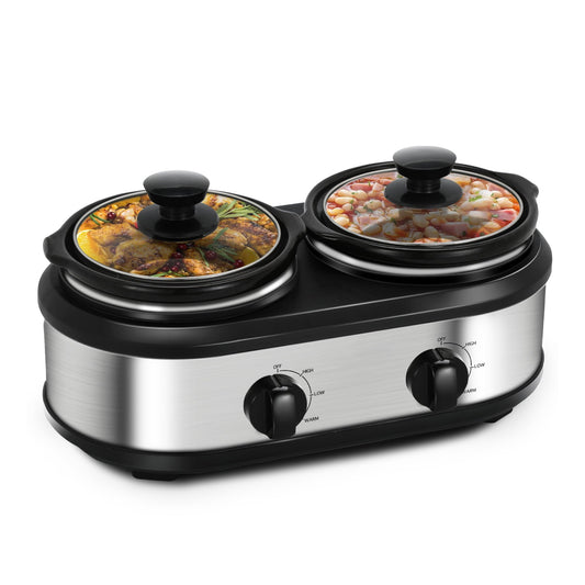 SUNVIVI Dual Pot Slow Cooker, 2 Pot Small Mini Crock Buffet Server and Warmer with Ceramic Pot, Adjustable Temp